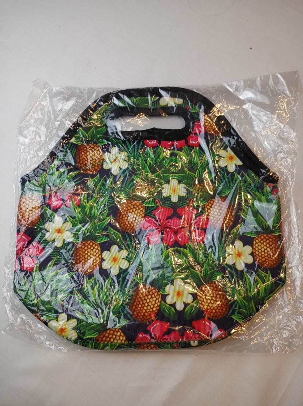 #6010 Tropical Pineapple Hibiscus Neoprene Lunch Tote Bag Zipper Closure